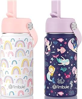 Fimibuke Kids Insulated Water Bottle, 14oz BPA FREE Double Wall Vacuum Tumbler 18/8 Stainless Steel Leak Proof Kids Cups with Straw Metal Water Bottle for School Boy Girl (2 Pack, RAINBOW/MERMAID)