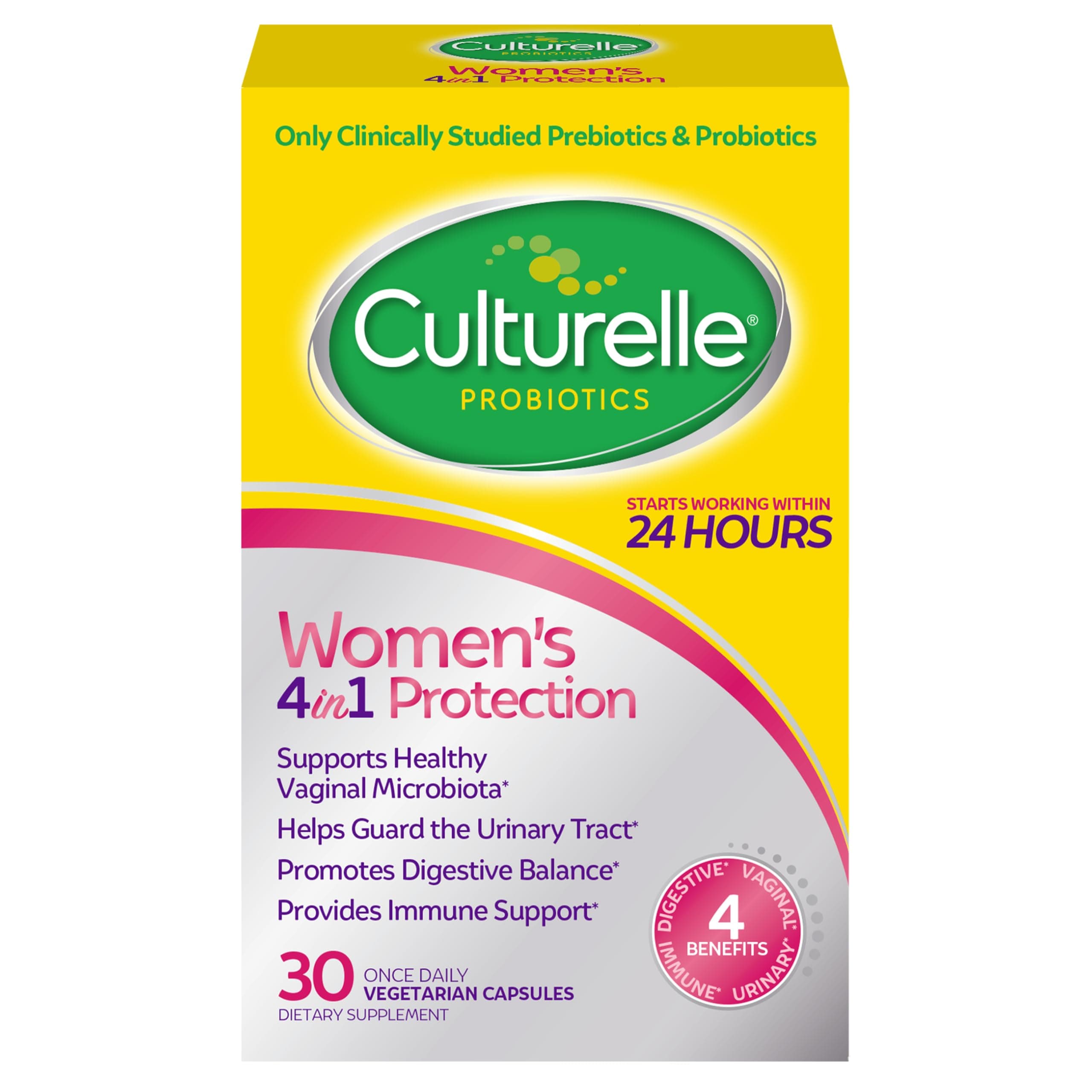 Culturelle 4-in-1 Probiotics for Women, Daily Probiotic & Prebiotic Supplement to Support Vaginal Health, Digestive Health, Immune Health, Occasional Diarrhea, Gas & Bloating Relief, Non-GMO, 30 Count