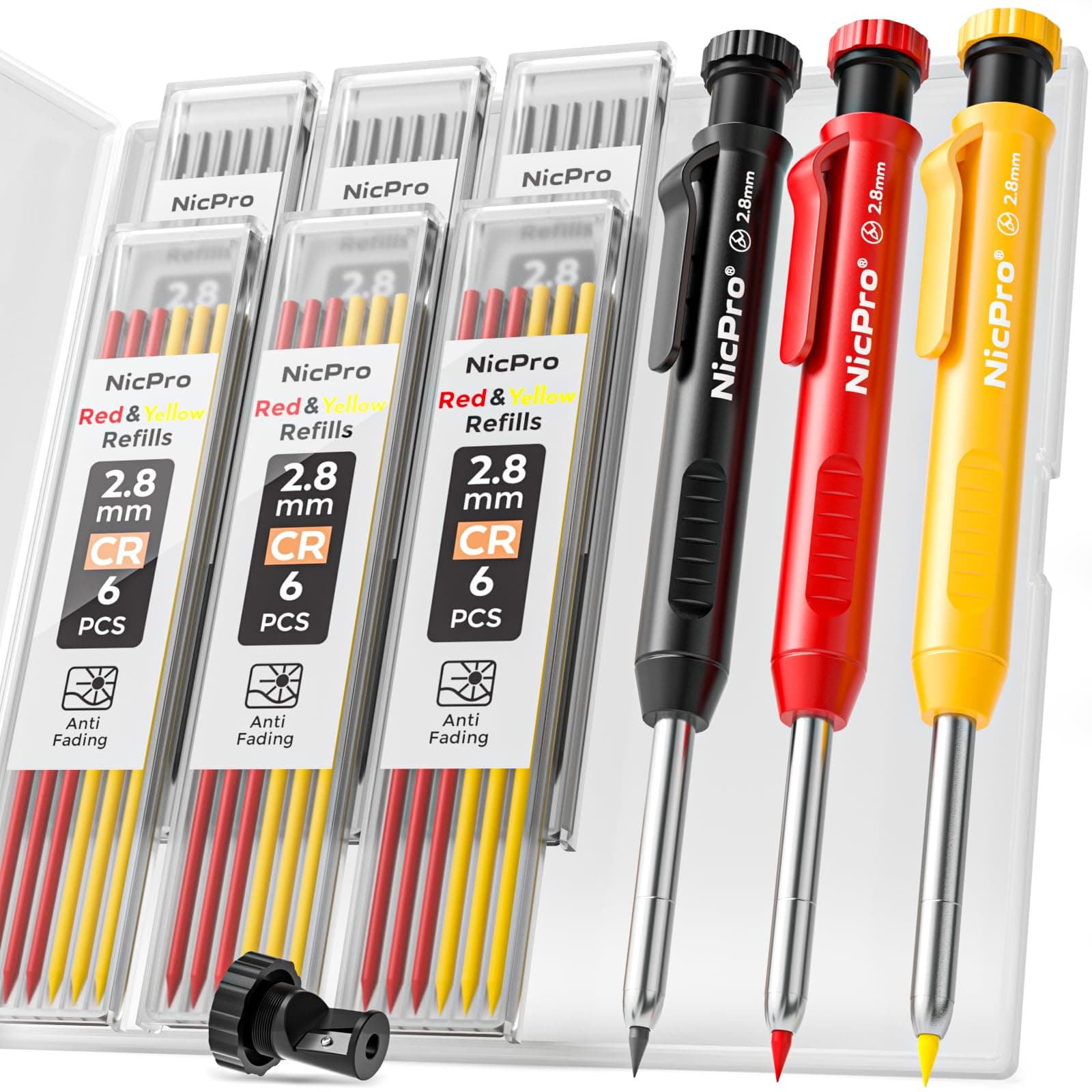 Nicpro 3 Pack Carpenter Pencil with Sharpener, Mechanical Carpenter Pencils with 39 Refills, Construction Pencil Heavy Duty Woodworking Pencils for Architect (Red, Black, Yellow)- With Case