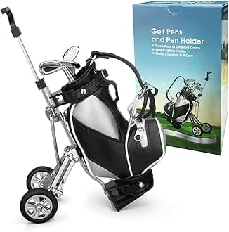 10L0L Golf Pen Holder 3 Club Pens & Movable Cart, Mini Golf Bag Desk Decor for Office, Funny Gifts for Men, Dad, Boss Stocking Stuffers for Golfers on Birthday, Christmas, Fathers Day (Silver)
