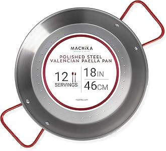 Machika Polished Paella Pan, Professional-Grade Carbon Steel Skillet for Authentic Spanish Cuisine, Durable Carbon Steel Pan with Even Heat Distribution, Convex Design, 18 inches/12 Servings
