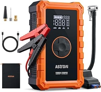 AstroAI Jump Starter Power Pack with Air Compressor, 12V (6.0L Petrol/3.0L Diesel) Portable Car Battery Booster Jump Starter and 150PSI Tyre inflator Power Pack with Emergency Light, LED Display