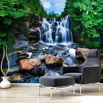 Mural Wallpaper Customize 3D Wall Decoration,Forest Waterfall Scenery Fresco,Hd Print Art Poster Picture Photo Waterproof Peel and Stick Mural,for Living Room Tv Backdrop Bedroom Hotel Kitchen Wall