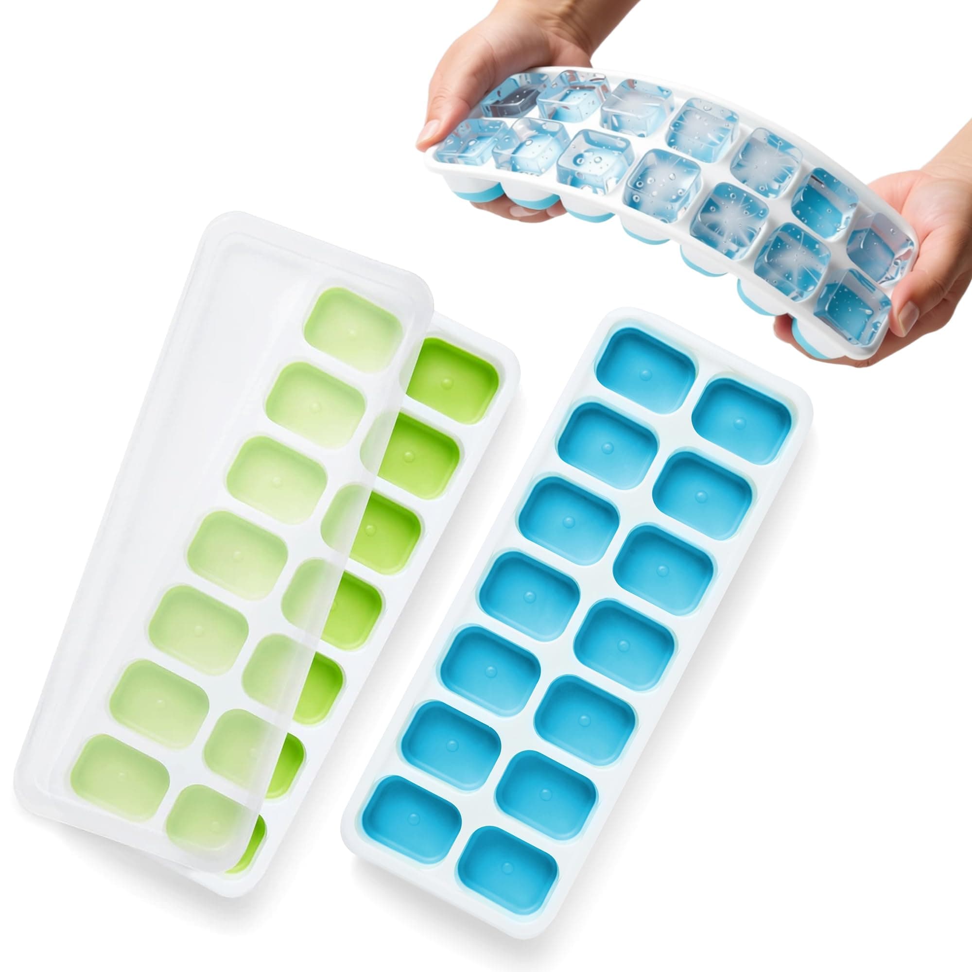 2 Pack Silicone Ice Cube Trays (25x9.5cm) with Non-Spill Flexible Moulds Lids Easy to Remove Ice Cube Tray LFGB Certified BPA Free Perfect for Baby Food,Cocktails and Other Drinks Green & Blue