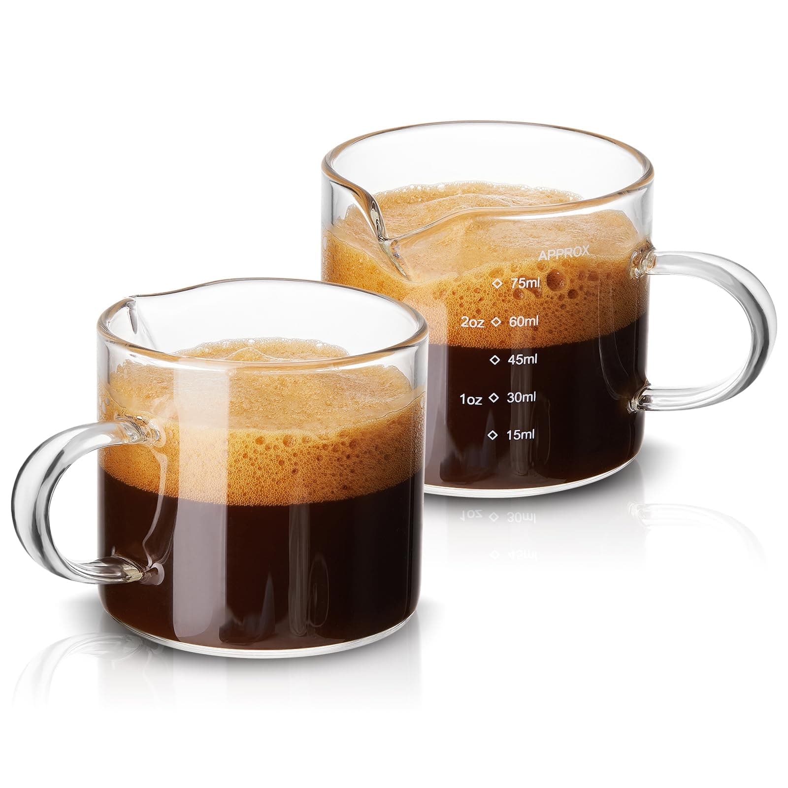Mfacoy 2 Pack Measuring Cups, 75ML Espresso Cups with Handle, Espresso Shot Glasses with V-Shaped Mouth, Clear Accessories, Milk Frothing Pitcher | with Handle, with V-Shaped Mouth, Accessories