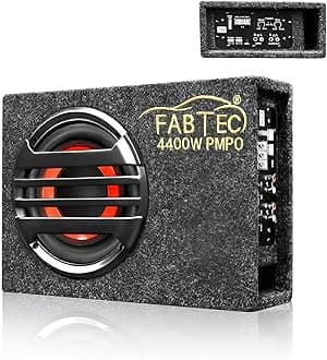 FABTEC 8" Active Under Seat Subwoofer for Cars Built-in Amplifier Compact Grey Bass Tube 200W RMS Power
