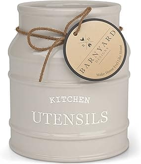 Ceramic Farmhouse Utensil Holder for Kitchen Counter, Large Rustic Utensil Crock, Countertop Cooking Tool Spatula Organizer, 6.75” (Taupe)