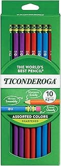 TICONDEROGA Pencils, Wood-Cased Graphite, #2 HB Soft, Pre-Sharpened, Assorted Color Barrels, Black Lead, 10-Pack (13932)