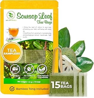 Soursop Graviola Leaf Tea Samplers - 15 Count, Bamboo Tong Included, No Sugar Added, No Caffeine, Re-Steep Morning Herbal Detox Tea for Relax & Refreshing, Hoja De Guanabana Mini Tea Bags