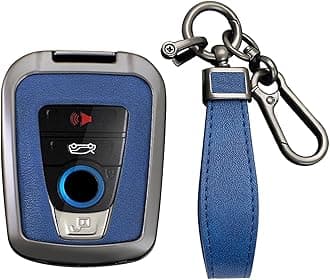 KUNIO PU Leather+Zinc Alloy 4 Button Smart Key Fob Cover Case Fit for BMW 2014-2019 I3 2014-2020 I8 Keyless Key Holder with Leather Keychain Car Accessory B Gun Blue