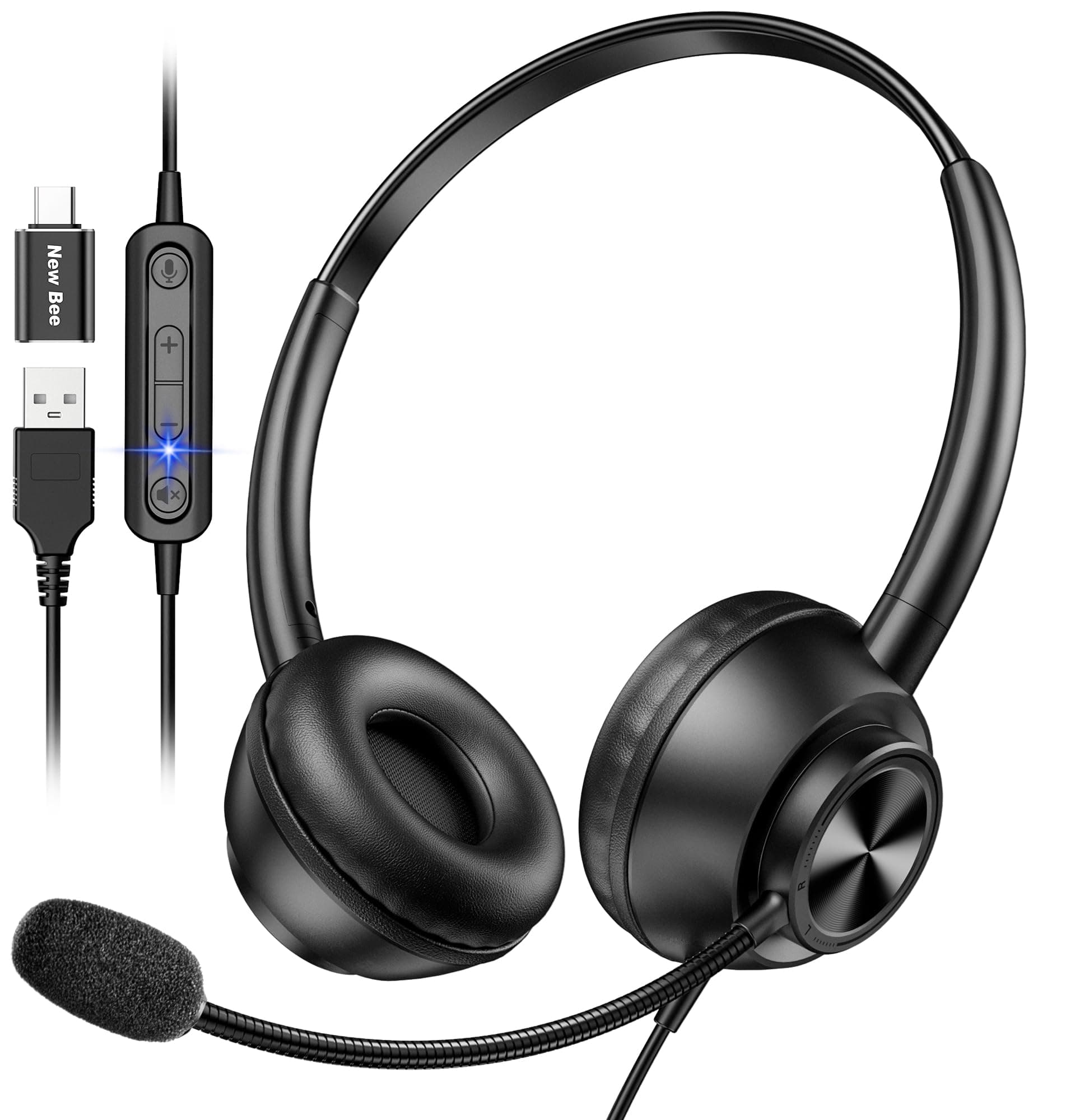 New Bee Headset with Microphone, Wired Headset with with USB-A & USB-C,Computer Headset for Call Center/Work/Skype Chat/Online Courses