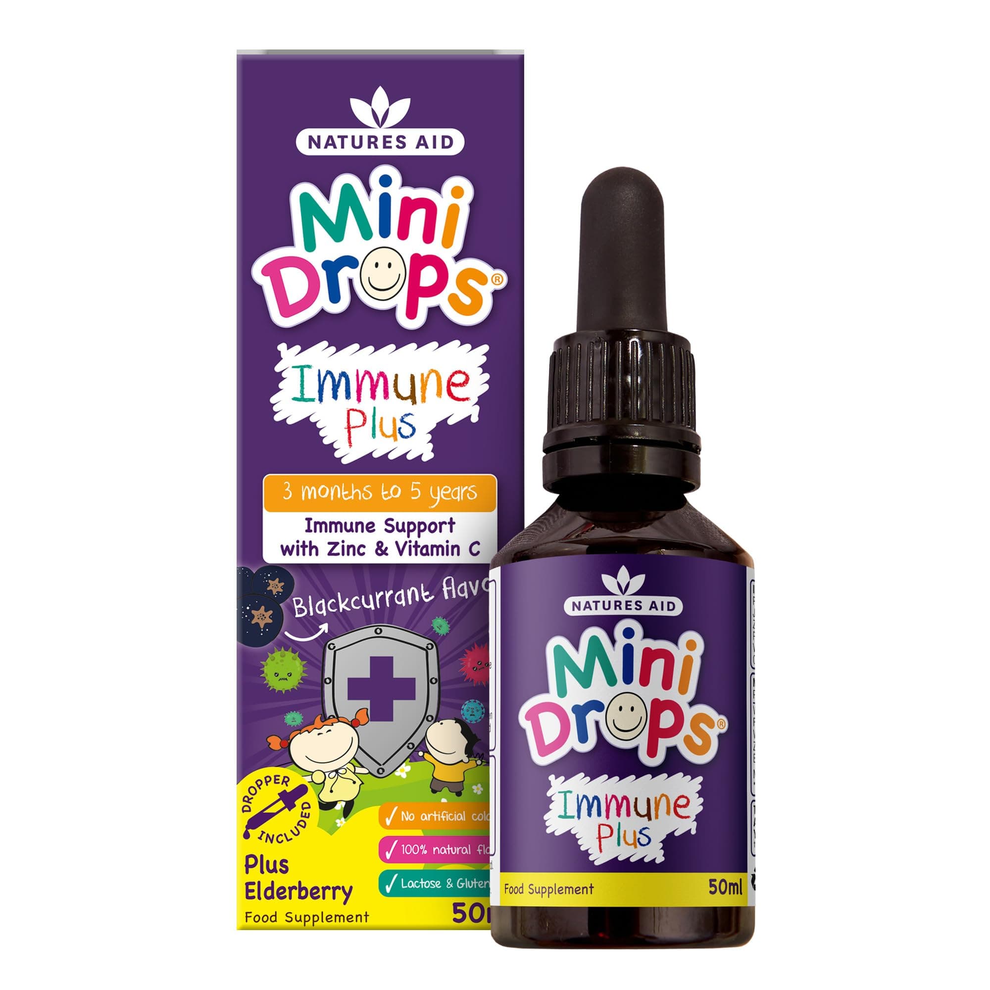 Mini Drops Immune Plus for Kids 50ml - Immune Support with Zinc and Vitamin C - Sugar Free, Vegan, Non-GMO, Natural Supplement for Infants and Children Age 0-5 Years Old - Dropper Included