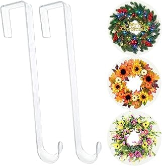 Wreath Hanger,12” Clear Wreath Hooks for Front Door,2 Pack Over the Door Easter Christmas Decoration Hangers Fall Halloween Wreaths holder,Non Scratch Wreath Hangers for Front Door Décor Welcome Sign