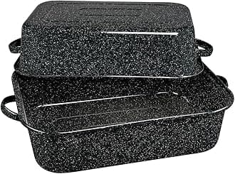 21-Inch Covered Rectangular Roaster - Enamel Steel Cookware, Nonstick & Chemical-Free, Dishwasher Safe - 25 Lb Capacity, Large Roasting Pan for Meats, Poultry, Vegetables (Speckled Black)