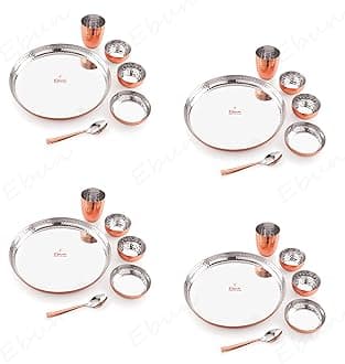 Ebun Heavy Gauge Stainless Steel Dinner Set | Copper Plated Hand Hammered Steel Thali Set | Stainless Steel Dinner Set for Kitchen | Thali Set for Dinner | Pack of 4 | 24 Pieces
