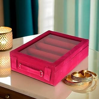 Kuber Industries 4 Rod Bangle Box|Wooden Jewelry Box|Wedding Vanity Box|Velvet Coated Wedding Bracelet Organizer for Women & Girls (Pink)