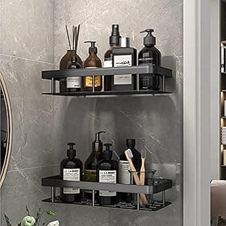 Sulfar Bathroom Shower Shelf | No Drilling Wall Mounted Stainless Steel Floating Shelves | Rustproof Storage Organizer for Bathroom Essentials | Space Saving Design | Black (Pack of 2)