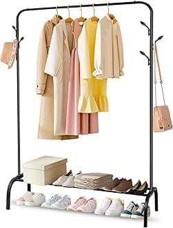 SKY-TOUCH Multipurpose Clothing Garment Rack with Bottom Shelves,Metal Clothes Stand Rack with Rod and Lower Storage Shelf, Heavy Duty Coat Rack and Shoe Bench Storage Stand for Indoor Bedroom