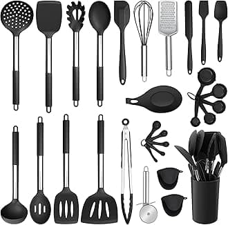 Silicone Kitchen Utensils Set, E-far 30-Piece Cooking Utensils Set with Holder, Heat Resistant Kitchen Spatulas Turner Tong Spoon Whisk Ladle for Nonstick Cookware, Stainless Steel Handle (Black)