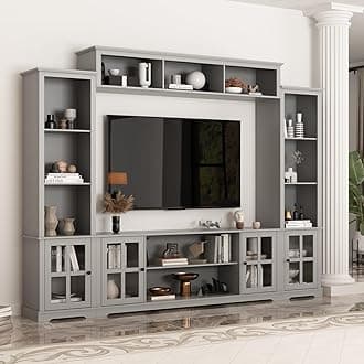 ECACAD 4-Piece Wall Unit TV Stand with Bookshelves for TVs up to 65", Modern TV Console Table Media Entertainment Center with Glass Doors & Open Shelves for Living Room, Bedroom & Home Theater, Grey