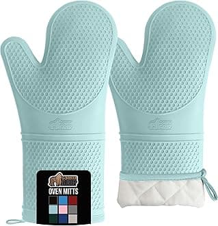 GORILLA GRIP BPA-Free Soft Silicone Oven Mitts, 14.5x8.3, Heat Resistant and Waterproof Cooking Gloves, Thick Cotton Lining, Flexible Gripping for Baking Grilling, Kitchen Potholders Set of 2, Mint