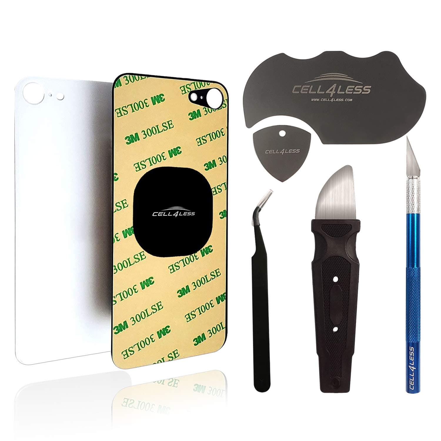 Cell4less Back Glass Compatible with The iPhone SE W/Full Body Adhesive, Removal Tool, and Wide Camera Hole for Quicker Installation NO Logo (White w/Tool)