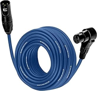 Balanced XLR Cable Male to Right Angle Female - 30 Feet Blue - Pro 3-Pin Microphone Connector for Powered Speakers, Audio Interface or Mixer for Live Performance & Recording