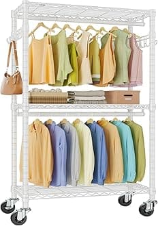 VIPEK R2 Heavy Duty Rolling Garment Rack 3 Tiers Adjustable Clothes Racks with Double Rods & Hooks, Freestanding Wardrobe Closet Storage Rack Metal Clothing Racks for Hanging Clothes, White