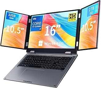 Triple Screen Laptop,16” Main + Dual 10.5” Monitors, Core i7-12700H, 32GB RAM,2TB SSD, Win 11 Pro,Wi-Fi 5,BT 5.0,Face & Fingerprint Unlock,USB-C,HDMI (Max16-i7-1270P(32GB+2TB))