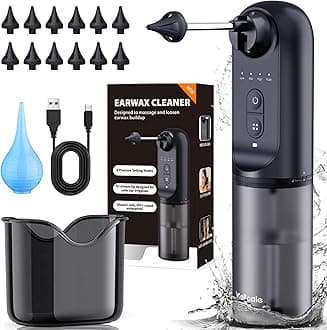 Electric Ear Wax Removal Kit - IPX7 Waterproof Electric Ear Cleaner - Safe & Effective 360° Ear Cleaning, USB Rechargeable Ear Wax Remover for Humans with 4 Pressure Modes, Ear Bulb & 12 Reusable Tips