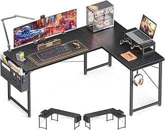 Casaottima L Shaped Computer Desk with Storage Bag, 57.5 Inch Reversible Gaming Table, Home Office Corner Desk with Monitor Shelf, Space-Saving Writing Workstation Desk, Easy to Assemble, Black