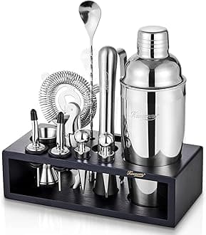 KITESSENSU 12-Piece Cocktail Shaker Set with Stand | Mixology Bartender Kit Bar Set with Essential Bar Accessories for Home Bar: Martini Shaker, Jigger, Muddler, Bar Spoon | Drink Mixer Cocktail Kit