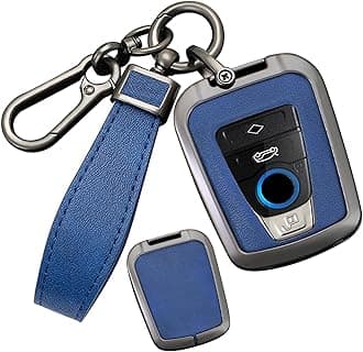 SANRILY Metal Leather 4 Button Smart Key Fob Cover Compatible with BMW i8 2014-2022 i3 Accessories Keyless Anti-Scratch Key Fob Protector with Leather Keychain Black-Blue