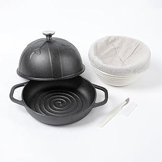 HAWOK Cast Iron Bread Cloche, Dia. 7.8inch/20cm, with Proofing Basket and Dough Scoring Knife, Sourdough Baking Pan Pre-seasoned Black