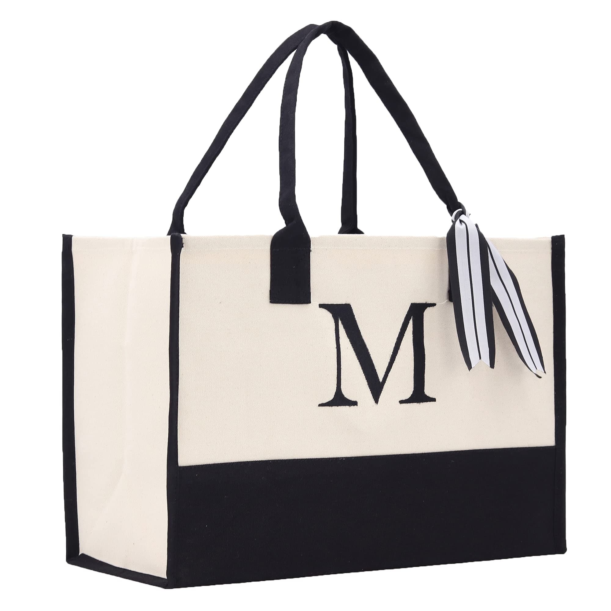 Personalized Gift Monogram Initial 100% Cotton Two Tone Chic Tote Bag with Customize Option - Black