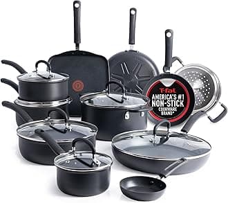 T-Fal Ultimate Hard Anodized Nonstick Pots and Pans Set 17 Piece, Nonstick Cookware Set with Fry Pan, Saucepans, Saute-Pan, Griddle, Dishwasher Safe, Onyx