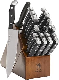 - HENCKELS Statement Razor-Sharp 20-Piece Knife Set, Chef, Bread, German Engineered Knife Informed by over 100 Years of Mastery, Brown Block