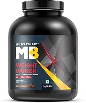 - MuscleBlaze Weight Gainer Powder with Added Digezyme, Chocolate (20 Servings, 2kg / 4.4lbs) | 12g Protein, 72g Carbs Per Scoop
