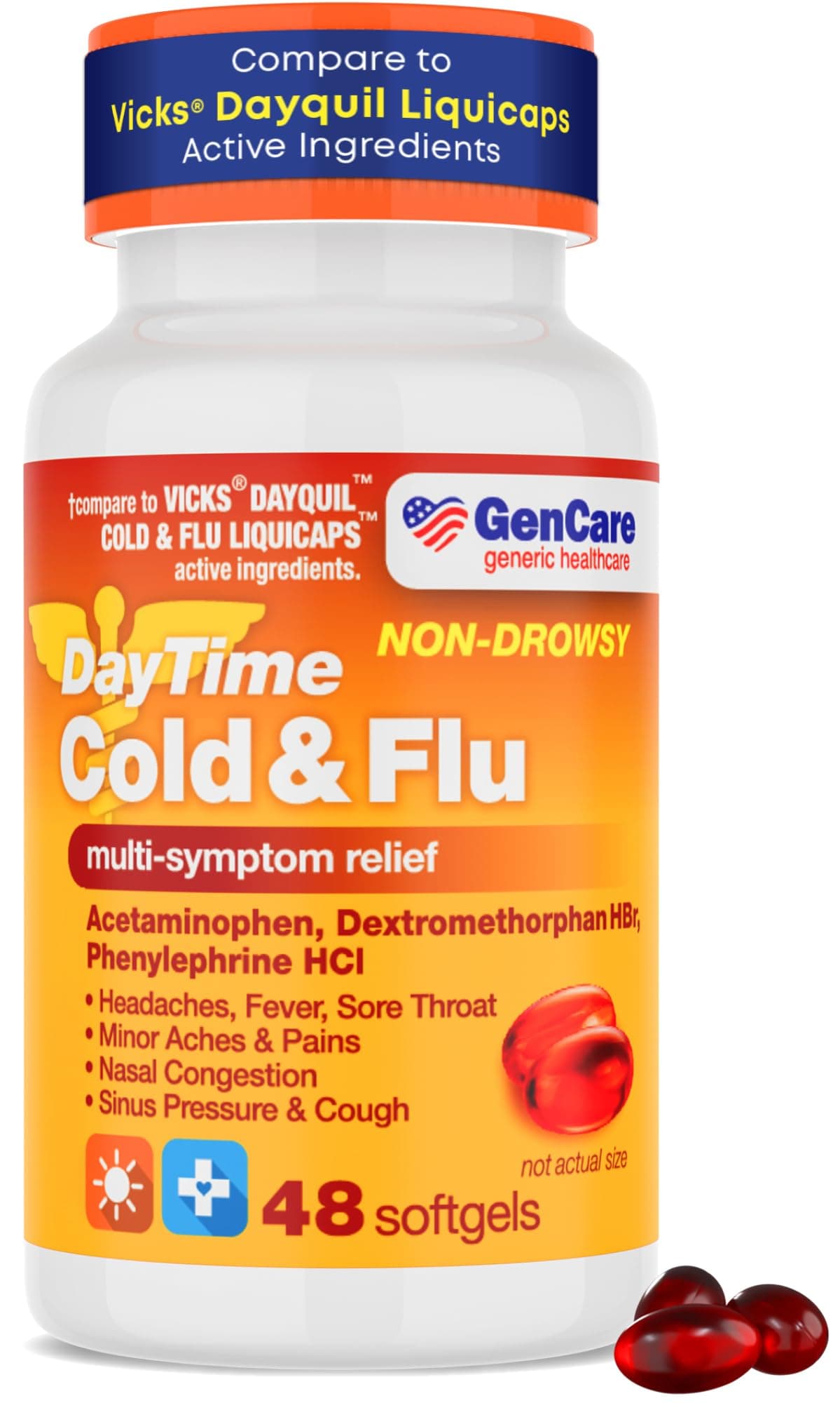 Multi Symptom Non Drowsy Daytime Cold & Flu Relief Acetaminophen 325mg, Dextromethorphan HBr 10mg, Phenylephrine HCl 5mg (48 Softgels) Non Habit Forming Pain Reliever & Nasal Decongestant