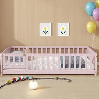 Twin Floor Bed Frame with Slats and Safety Guardrail, Wood Twin Size Montessori Floor Bed with Door and Fence, Easy Assemble Montessori Beds for Kids, Girls, Boys, Pink