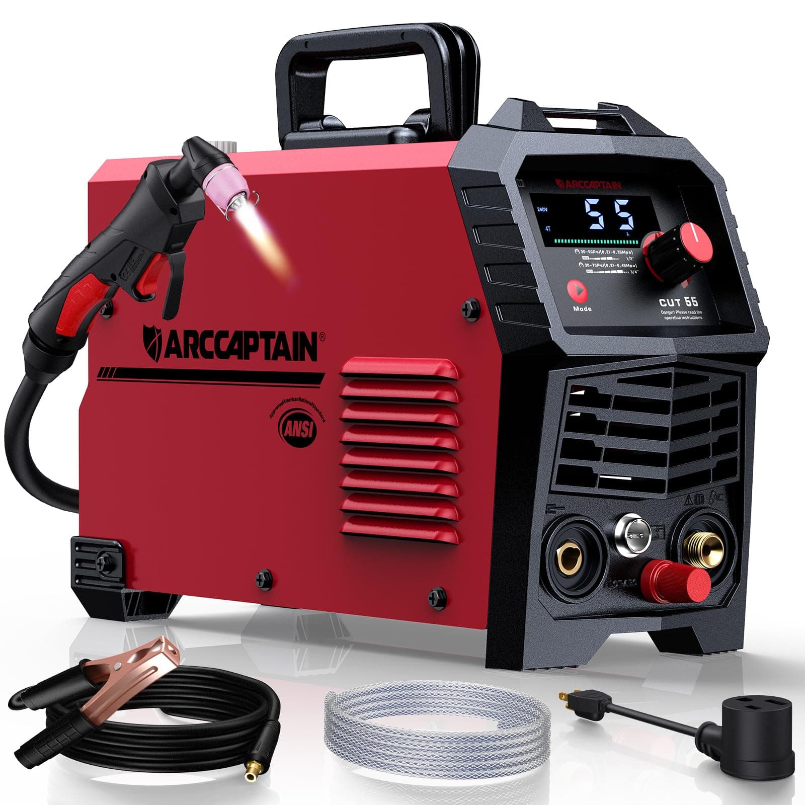 ARCCAPTAIN 55A Plasma Cutter, Large LED Display, Non-Touch Pilot ARC Plasma Cutting Machine, 120/240V Dual Voltage IGBT Inverter, 1/2" Clean Cut, Post Flow, 2T/4T, for Beginners DIY