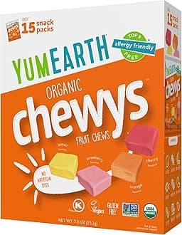 YumEarth Organic Chewys Fruit Flavored Candy Chews - Allergy Friendly, Gluten Free, Non-GMO, Vegan, No Artificial Dyes - Assorted Flavors, 7.5 oz.