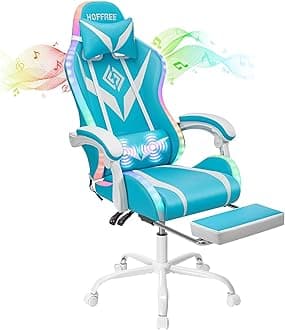Gaming Chair Massage with Bluetooth Speakers and Led Lights Ergonomic Computer Gaming Chair with Footrest Cute Video Game Chair for Gaming Room Light Blue and White