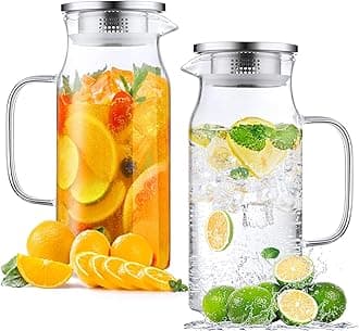 Bivvclaz 2 Pack 1.2 Liter 40 oz Small Glass Pitcher with Lid and Handle, Glass Carafe Water Pitcher for Hot/Cold Water, Iced Tea, Drinks, Coffee, Juice and Homemade Beverage