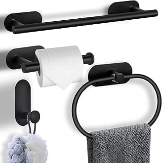 4-Pieces Matte Black Bathroom Hardware Set,Wall Mounted Stainless Steel Towel Bar Set Including 16in Towel Bar, Adhesive Toilet Paper Holder, Towel Ring, Hooks, No Drill