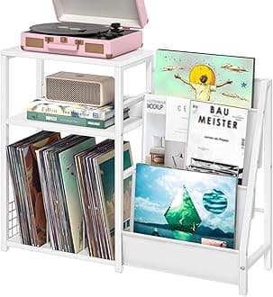 LELELINKY Record Player Table,Turntable Shelf with Vinyl Storage Up to 150 Albums,White Side Table with 3 Tier Magazine Periodical Book Rack,Wide Metal Record Holder Cabinet for Room Office