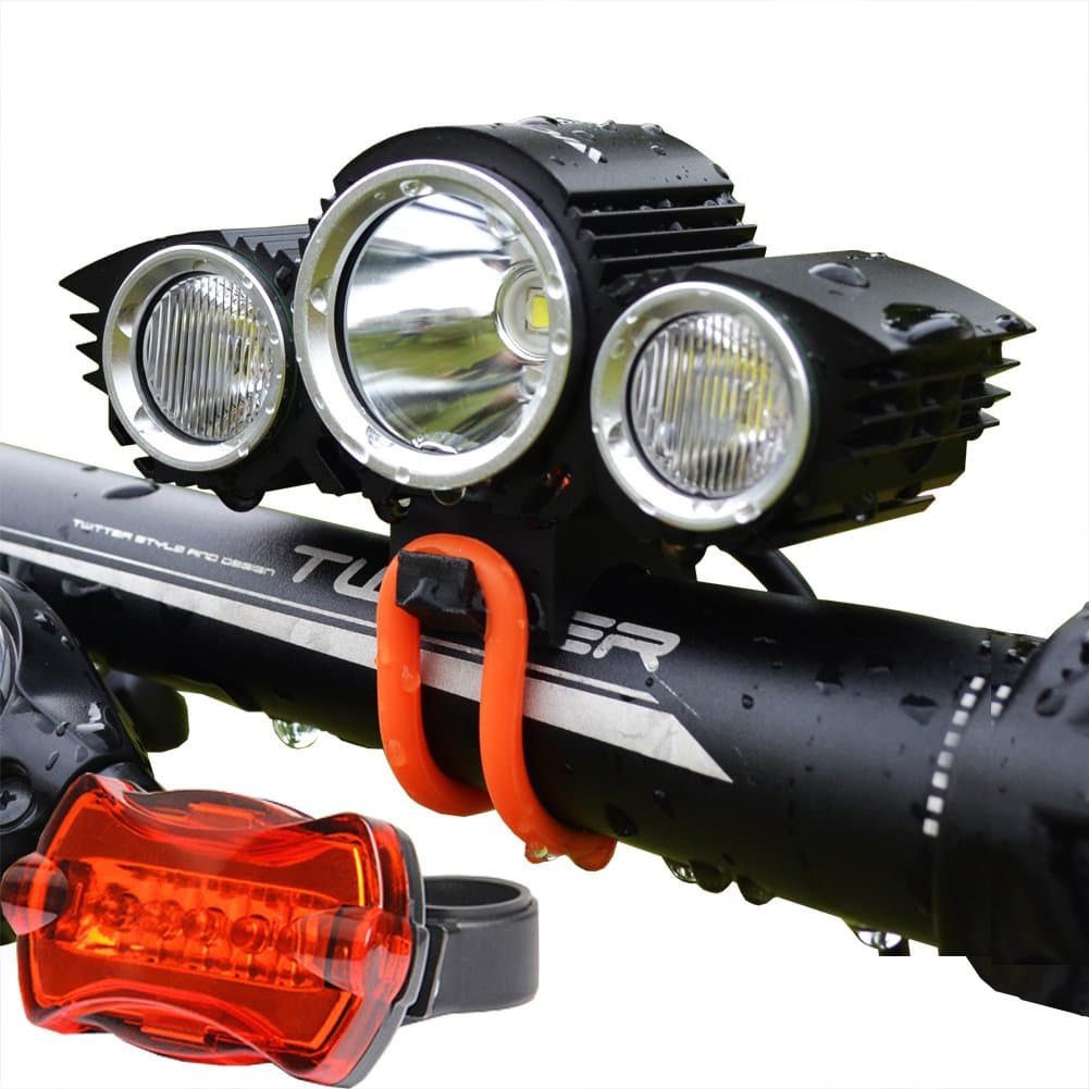 Bicycle light low beam lights and high beam lights system with the remote control, 3Pcs x Cree XM-L2 U2 Led Bicycle Lights, 4PCSx2200mAh Battery Pack with Waterproof Plastic Box, Free 5 Led Taillight