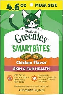 Greenies Cat Treats, Feline Smartbites, Skin & Fur Health, Crunchy and Soft Cat Treats, Chicken Flavor, 4.6 oz. Pack