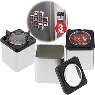 Magnetic Spice Jars - Tins Attach to Most Refrigerator Doors - Shake or Pour Containers (Set of 3 Dispensers)