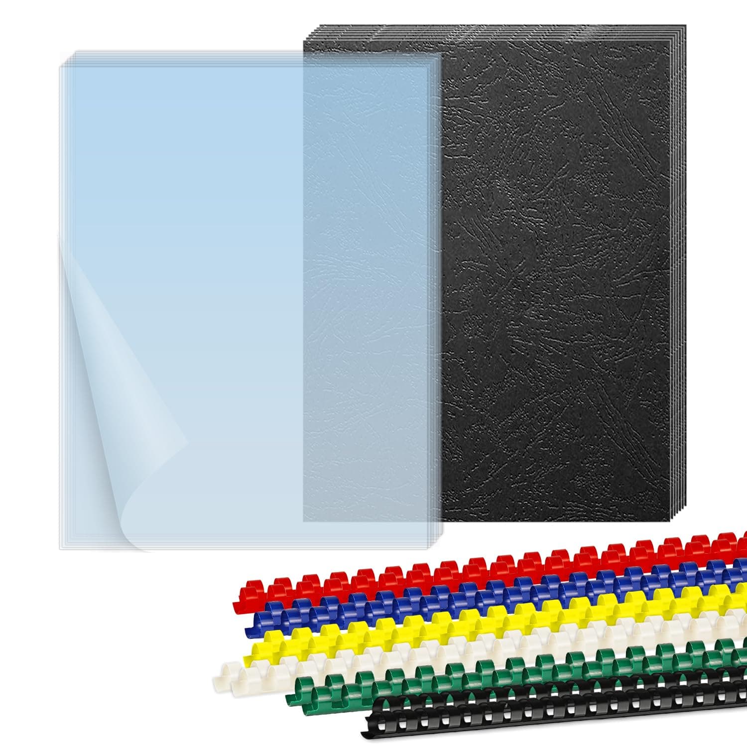 HOUYEE Binding Covers and Combs Set, 8.5x11 Inches, Including 50 Pcs Leather Texture Paper Binding Covers, 50 Pcs 8 Mil Clear PVC Sheets and 20 Pcs Assorted Combs